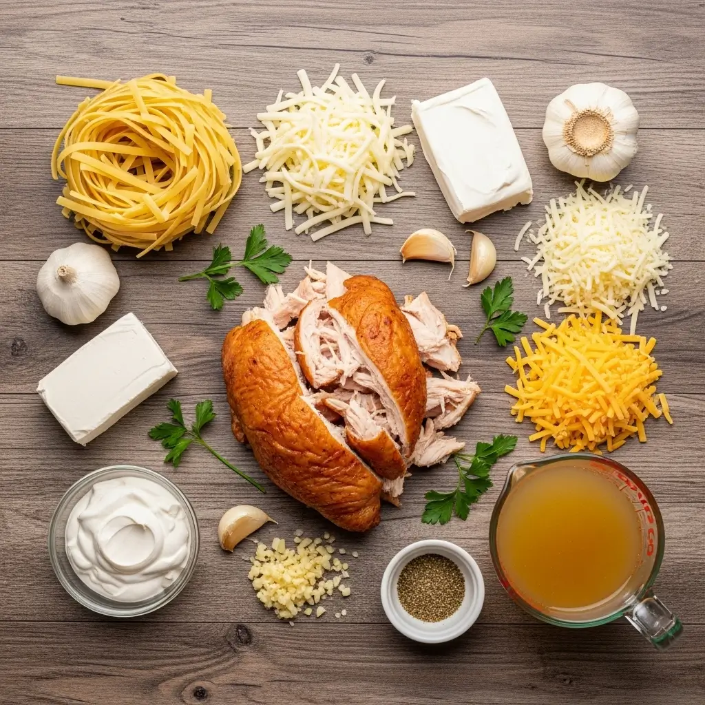 Ingredients for Easy Chicken Tetrazzini laid out on a kitchen counter