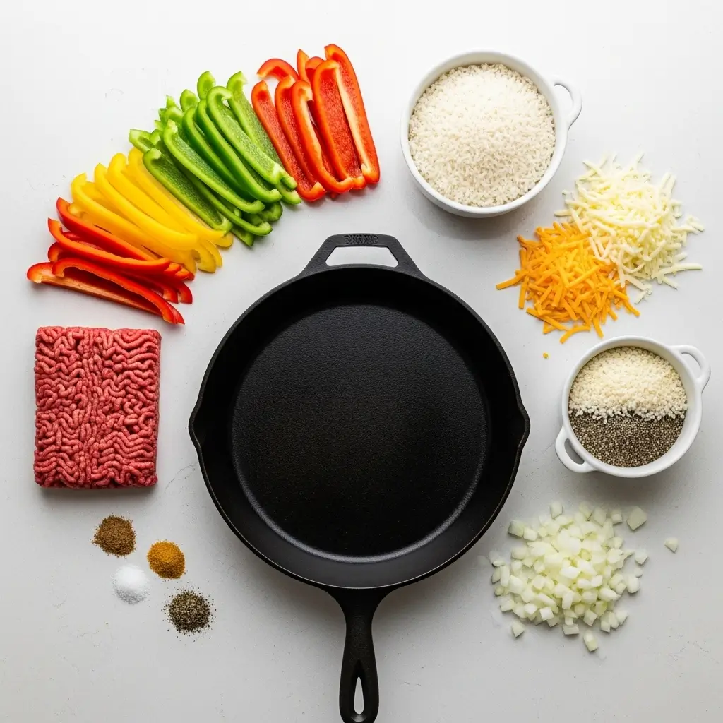 Ingredients for Easy Stuffed Bell Peppers laid out on a countertop