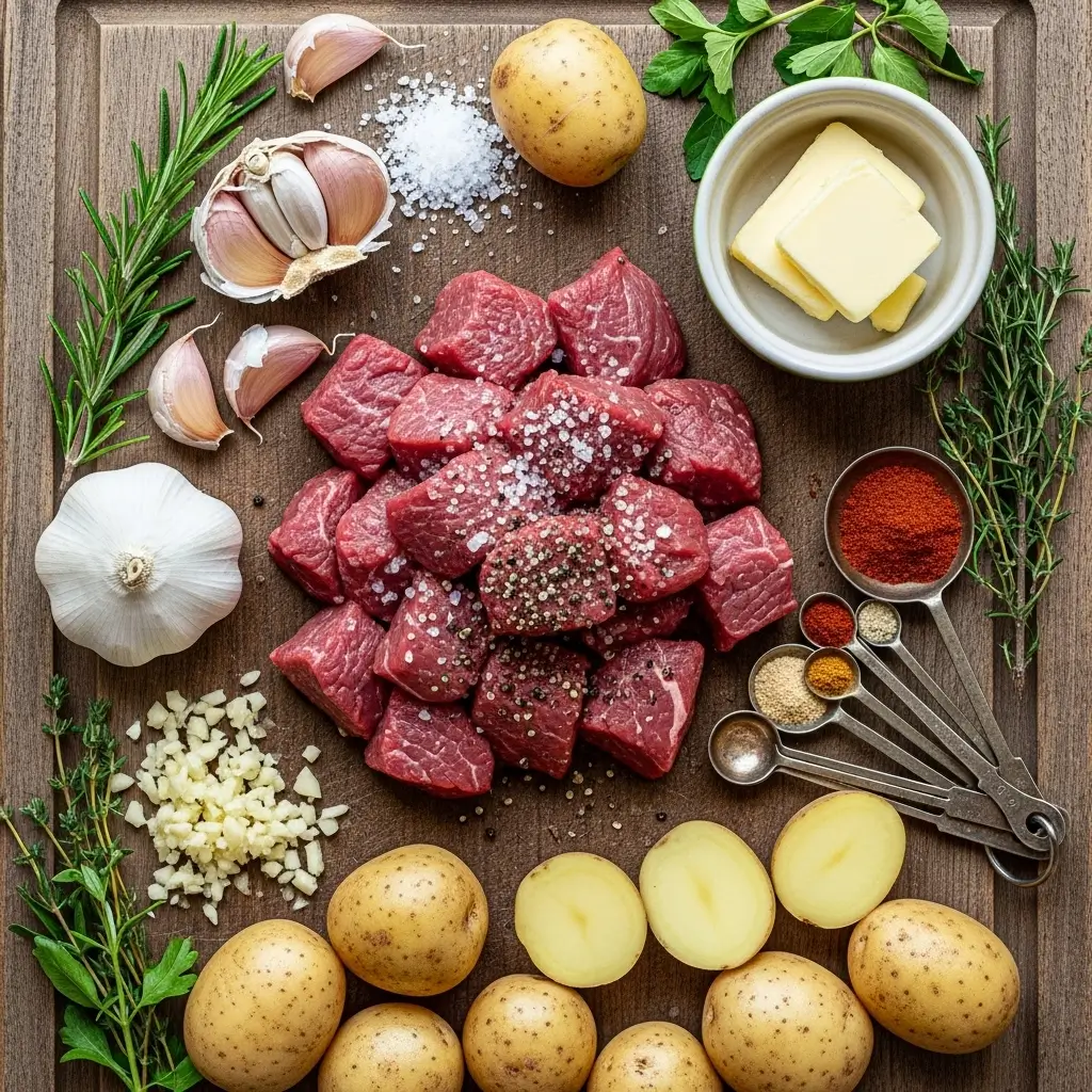 Garlic Butter Beef Bites ingredients on wooden board