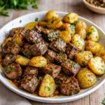 Garlic Butter Beef Bites with Potatoes in rustic bowl