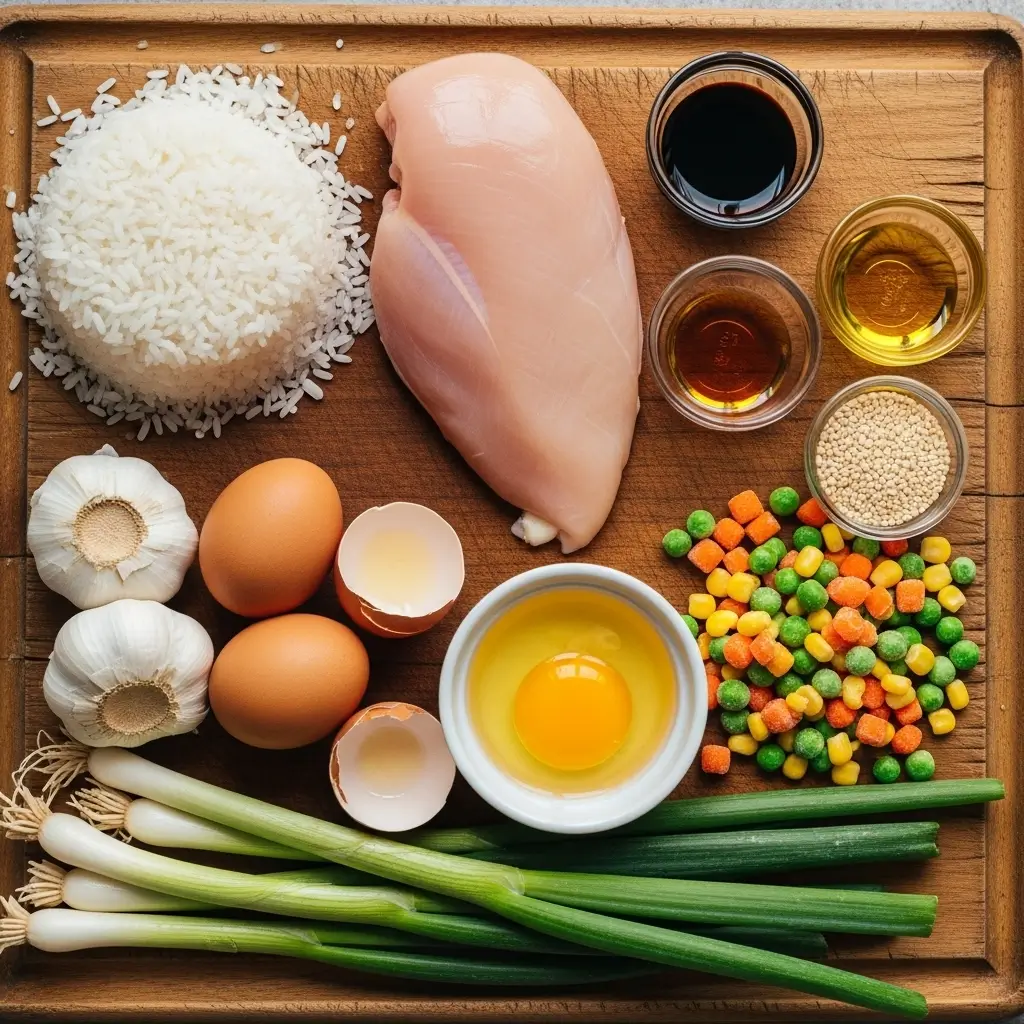Ingredients for High Protein Crispy Garlic Chicken Fried Rice