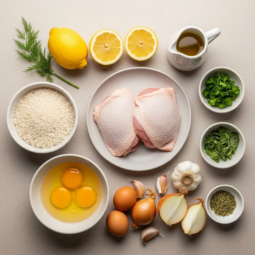 Greek Lemon Chicken Soup ingredients flat lay
