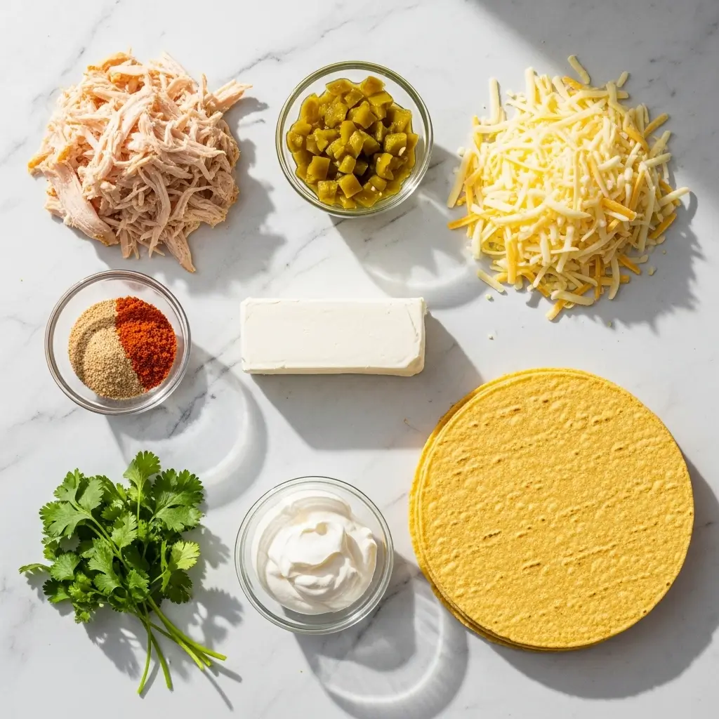 Ingredients for Green Chile Chicken Enchilada Casserole laid out on counter