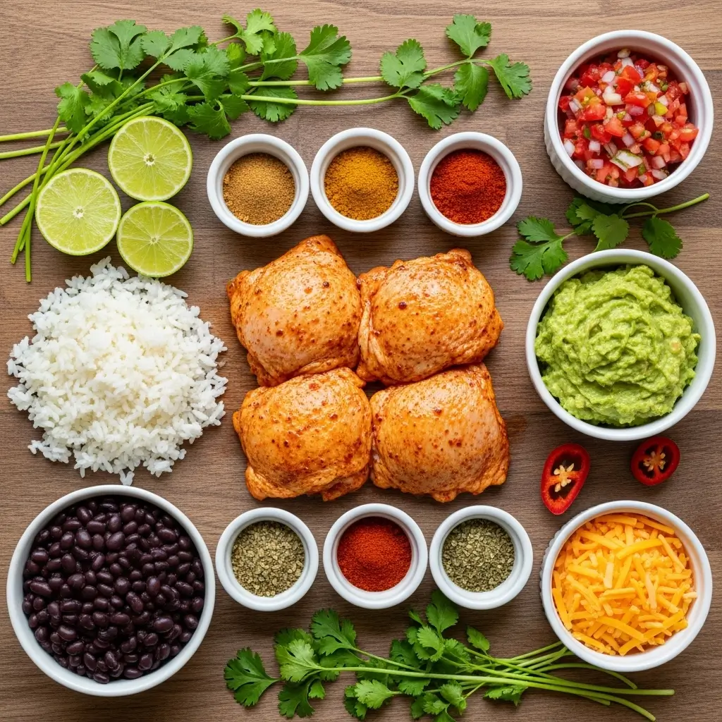 ingredients for grilled chicken burrito bowl on wooden board