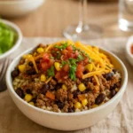 Ground beef burrito bowl with rice and toppings