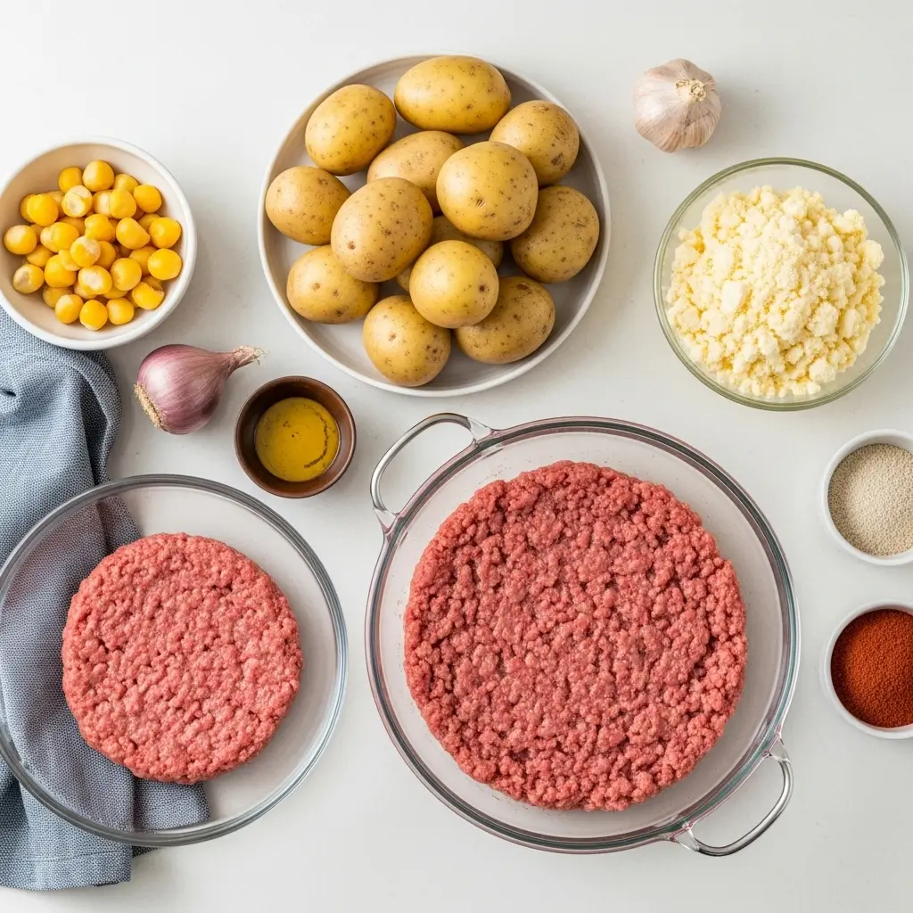 Ingredients for Easy Cheesy Hamburger Potato Casserole