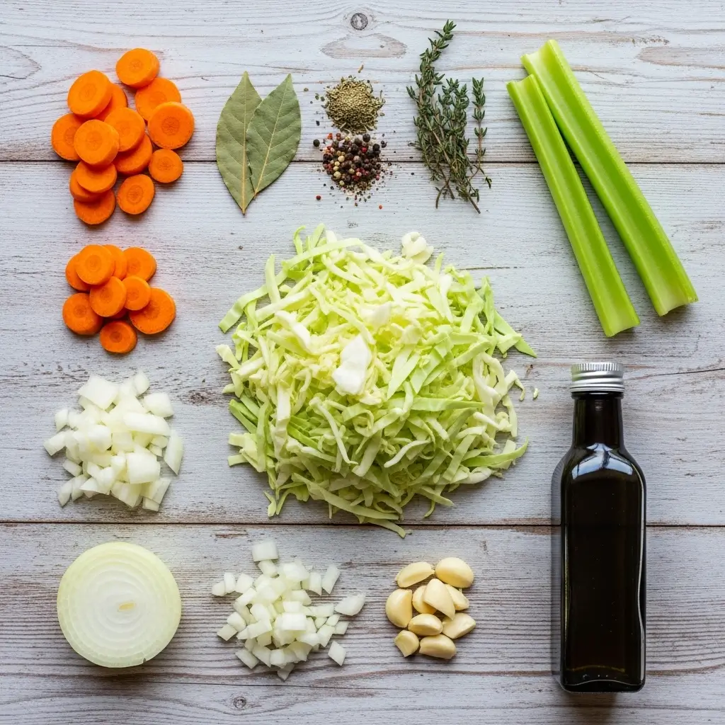 Healing Cabbage Soup ingredients laid out on table