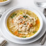 Healthy Chicken Quinoa Soup in bowl on rustic table