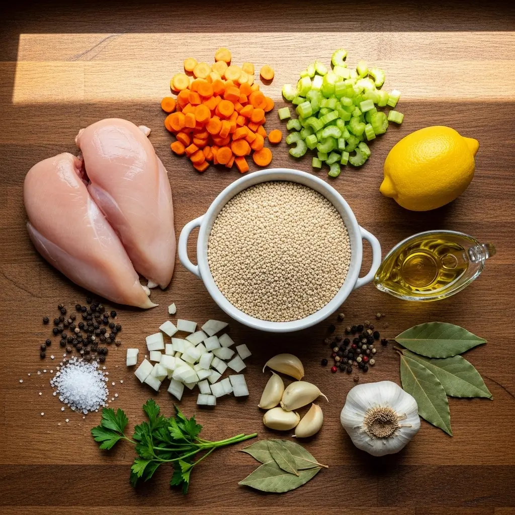 Healthy Chicken Quinoa Soup ingredients flat lay