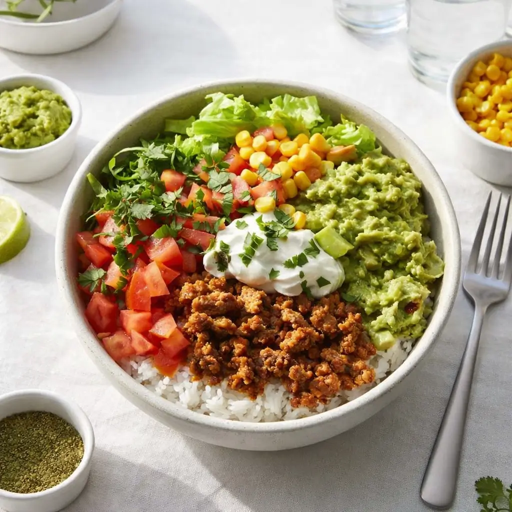 Healthy Turkey Taco Bowl with Rice and Avocado