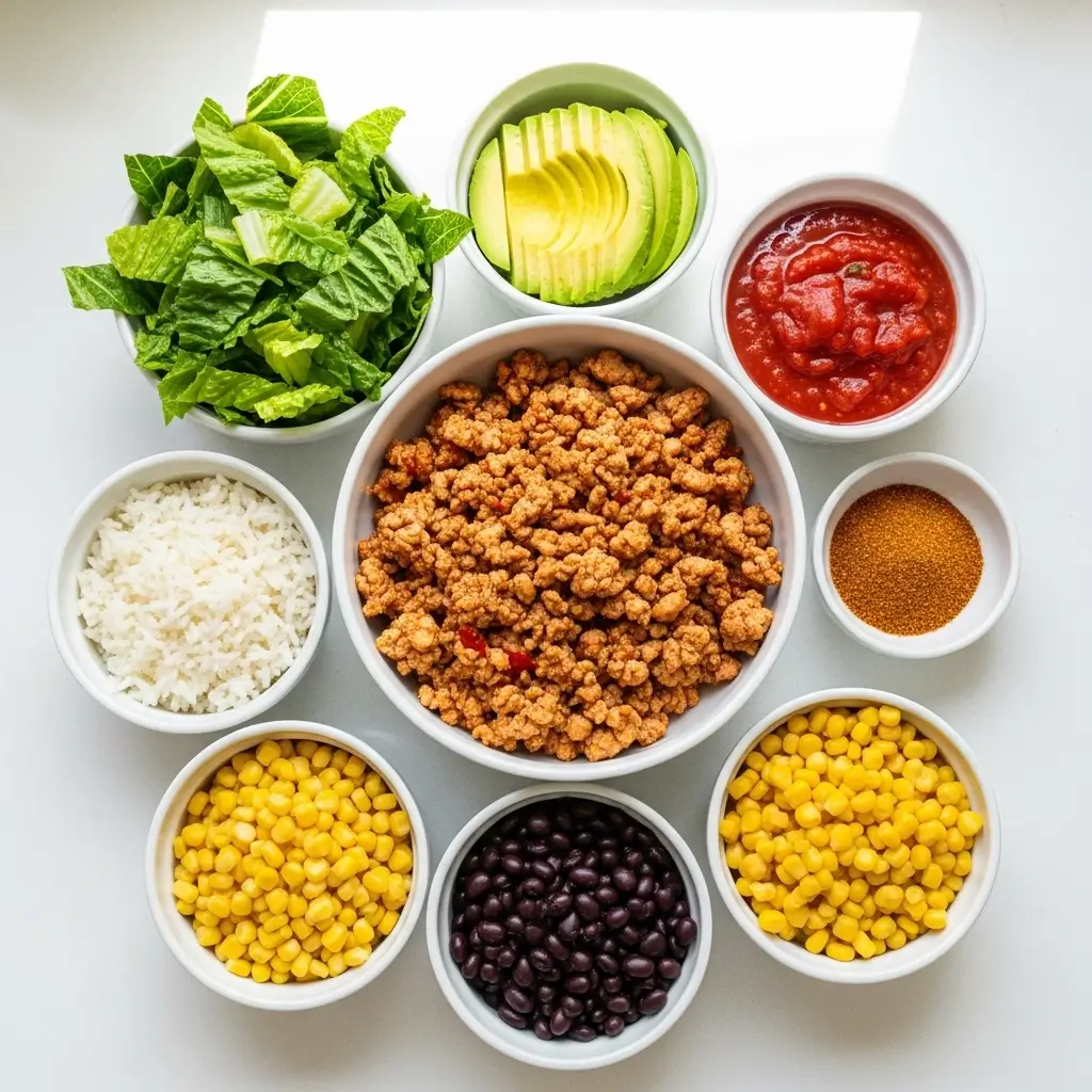 ingredients for healthy turkey taco bowl on white background