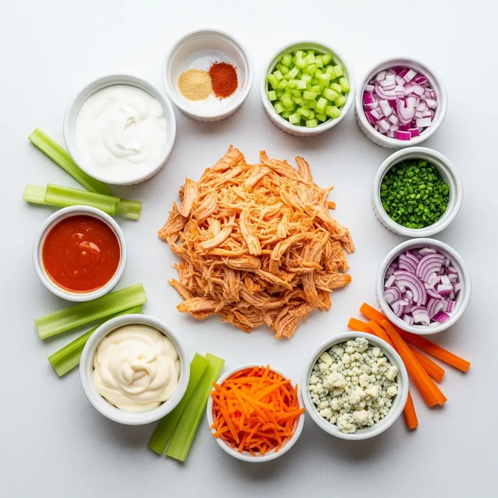 Ingredients for high-protein buffalo chicken salad arranged on a table