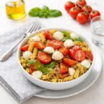 High Protein Caprese Pasta Salad served in a bowl with basil and tomatoes