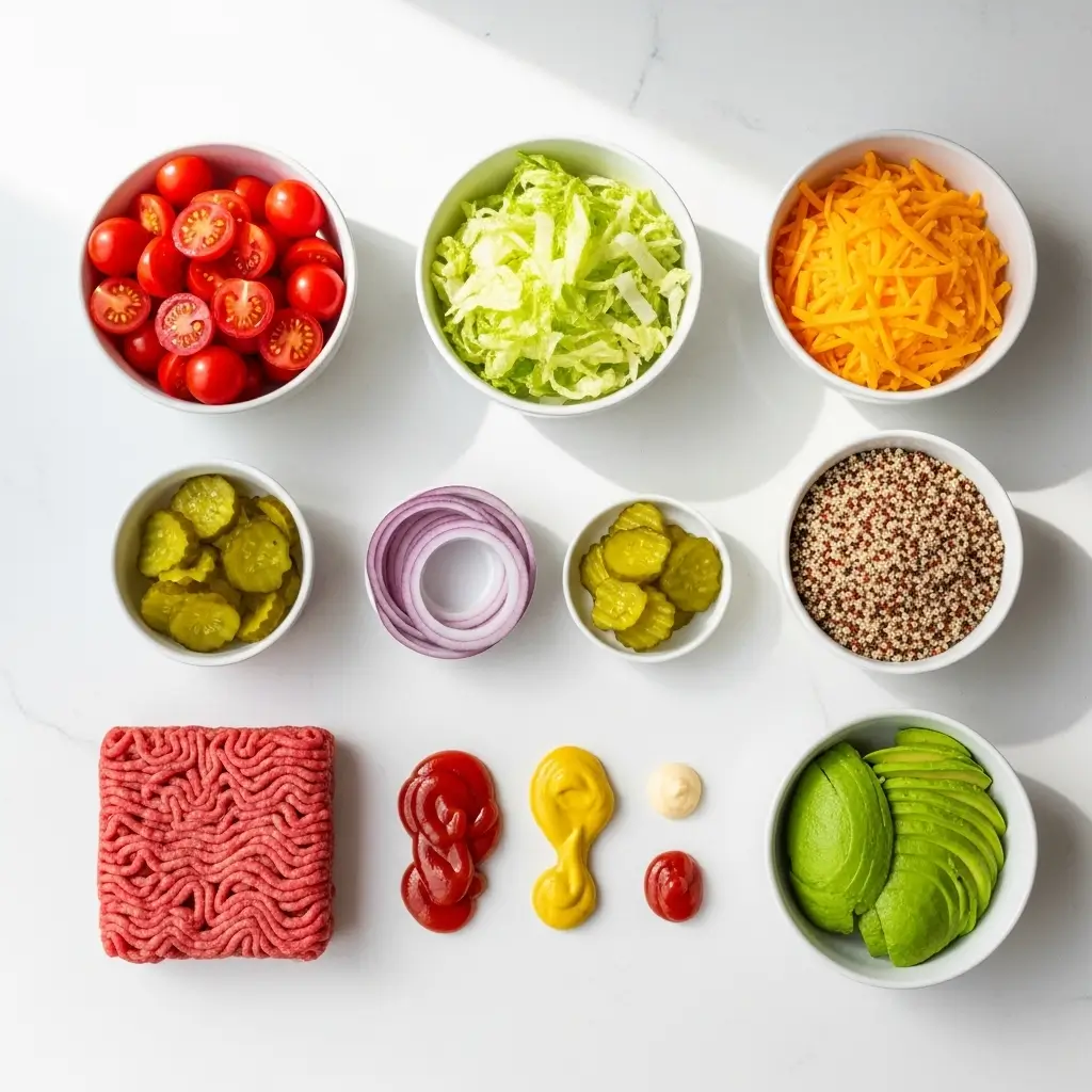 Ingredients for making high-protein cheeseburger bowls