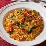 High Protein Chicken Orzo in a white skillet with feta and spinach