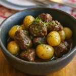High Protein Slow Cooker Garlic Butter Beef Bites in a Bowl