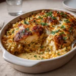 Homemade chicken and rice casserole fresh from the oven