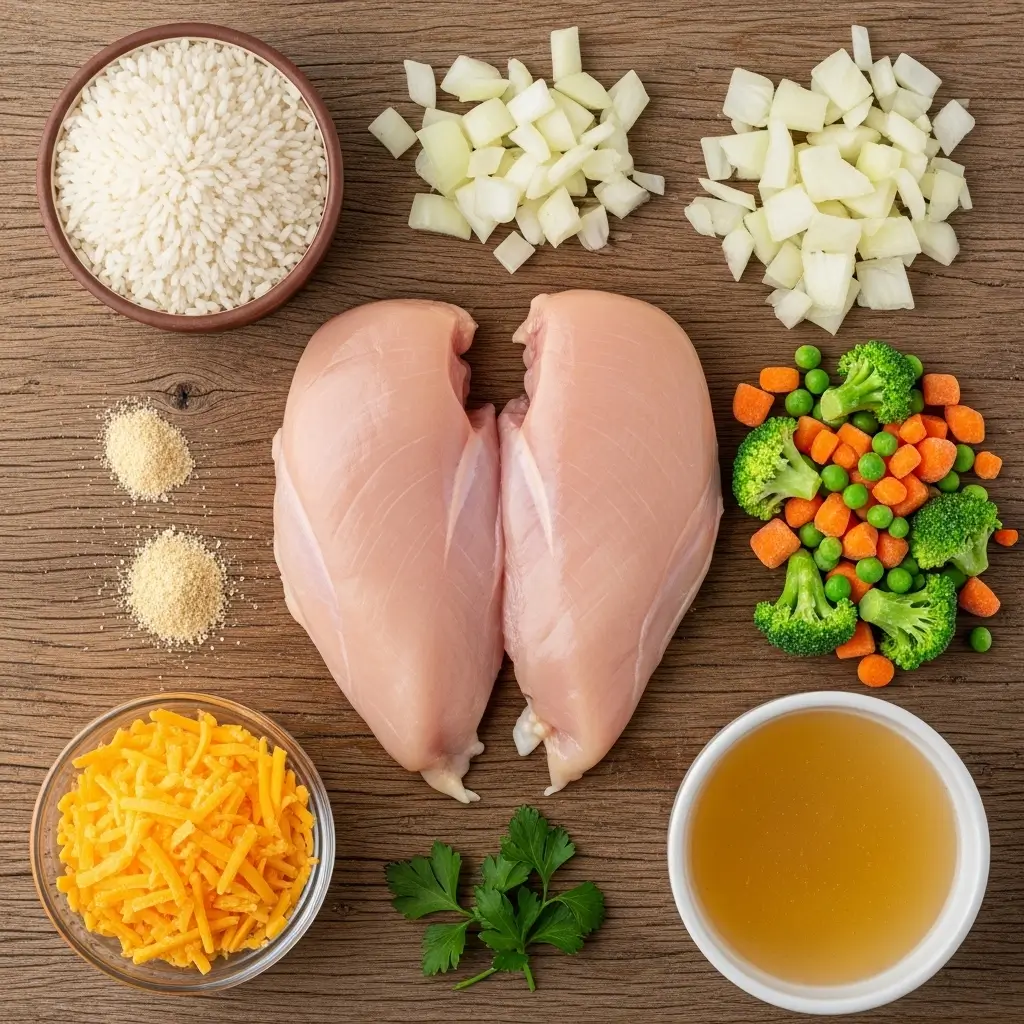 Ingredients for homemade chicken and rice casserole