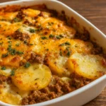 Homemade Hobo Casserole Ground Beef in baking dish