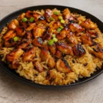 Honey BBQ Chicken Rice in a skillet
