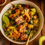 Honey Glazed Salmon Bowl with avocado and paprika mayo