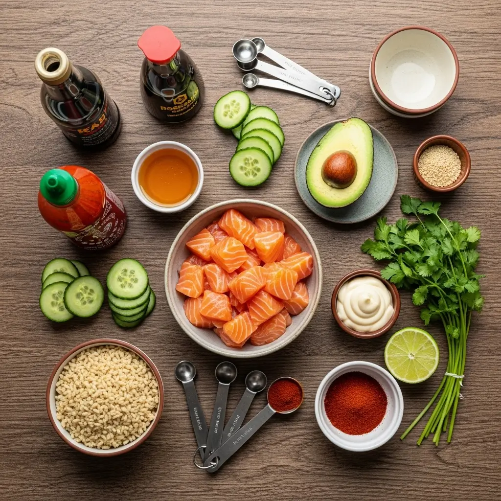 Ingredients for Honey Glazed Salmon Bowl on kitchen counter