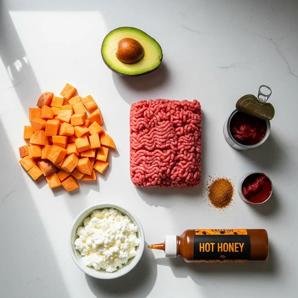 hot honey ground beef bowl ingredients flat lay