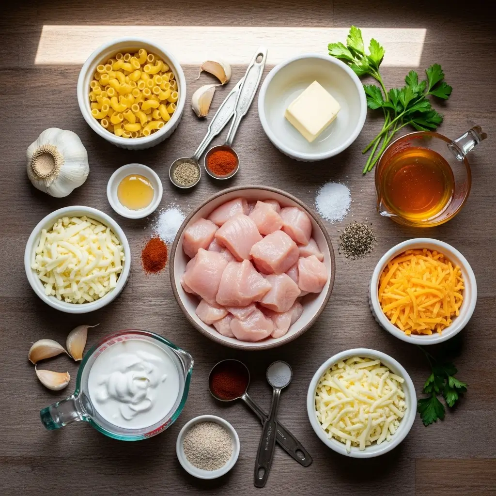 Ingredients for High-Protein Honey Garlic Butter Chicken and Mac & Cheese