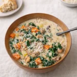Italian Sausage and White Bean Soup in a rustic bowl