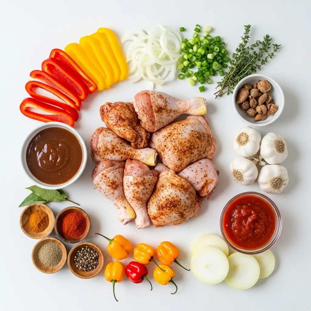 Ingredients for Jamaican Brown Stew Chicken laid out