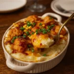 KFC Chicken Bowl Casserole baked with mashed potatoes, chicken, corn, and cheese