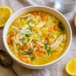 Lemon Chicken Orzo Soup in rustic bowl