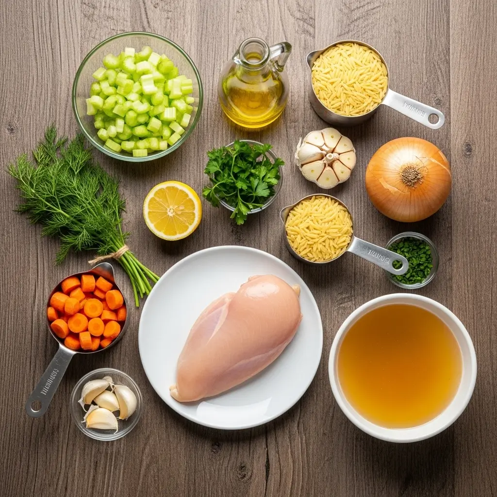 Ingredients for Lemon Chicken Orzo Soup