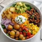 Loaded potato taco bowl with toppings and lime wedges