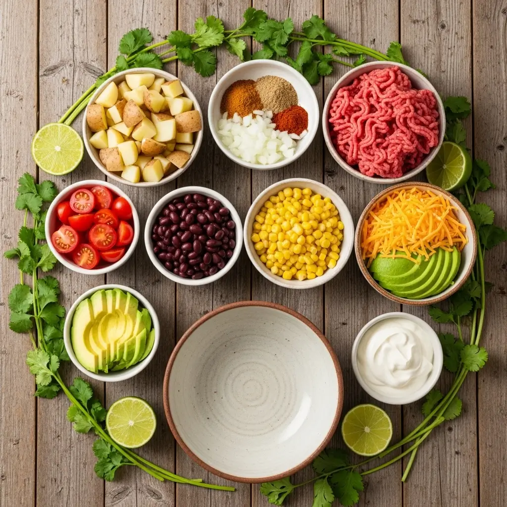 Ingredients for loaded potato taco bowl arranged on wooden table