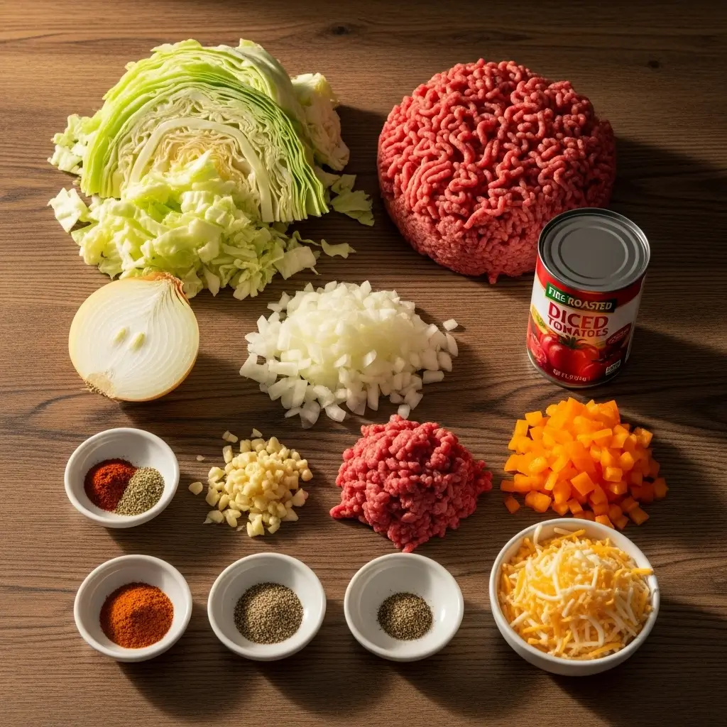 Ingredients for Low Carb Unstuffed Cabbage Casserole laid out