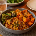 Maple Dijon Chicken and Sweet Potato Bowls served with greens and quinoa