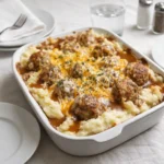Meatball and Mashed Potato Bake hot out of the oven