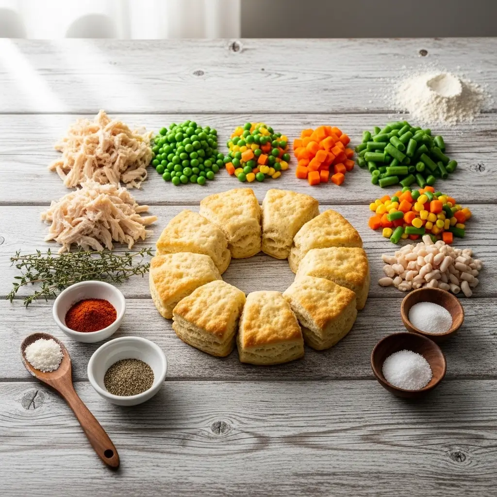 Ingredients for mini chicken pot pies on counter