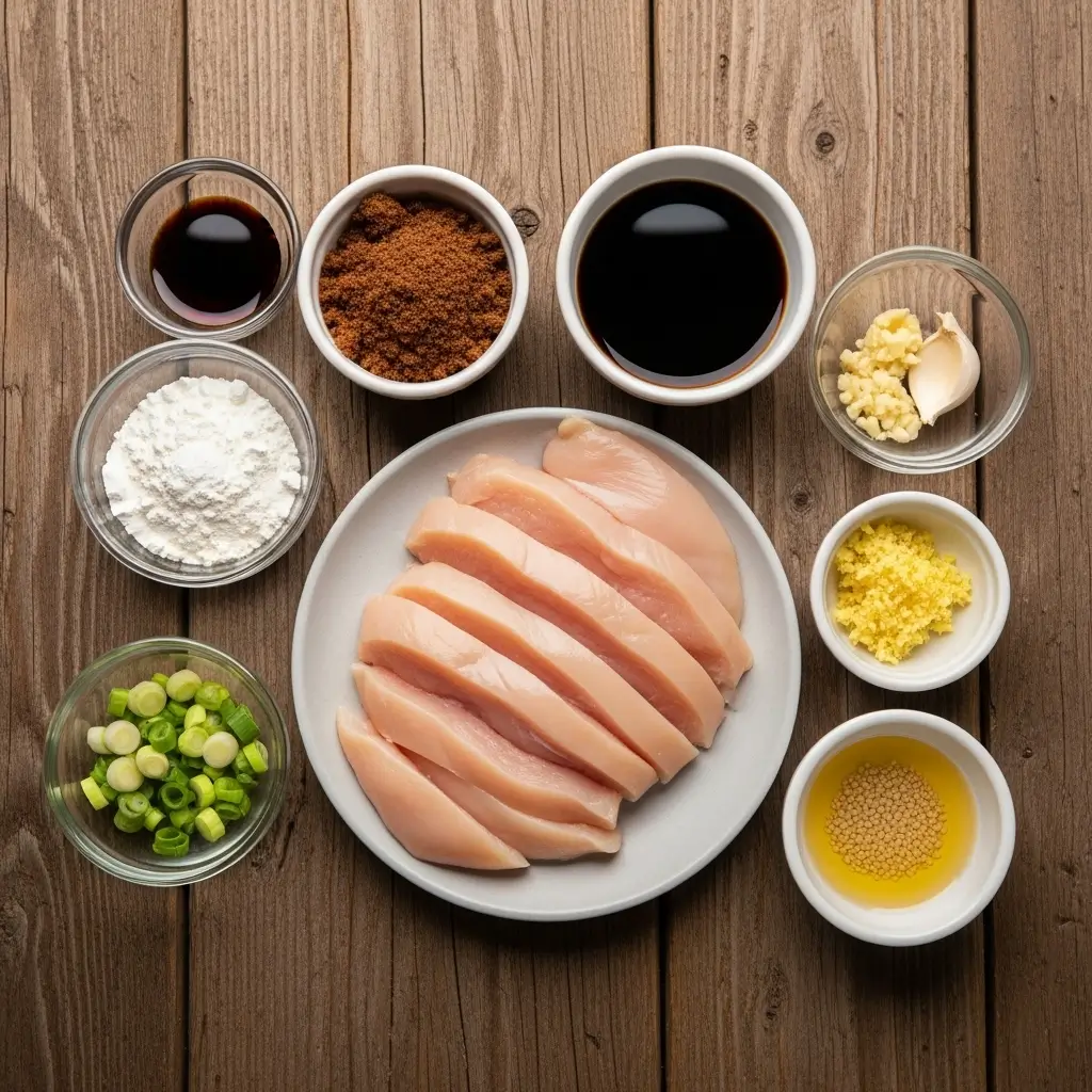 Mongolian chicken ingredients laid out on kitchen counter