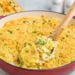 Old Fashioned Tuna Casserole in cast iron skillet