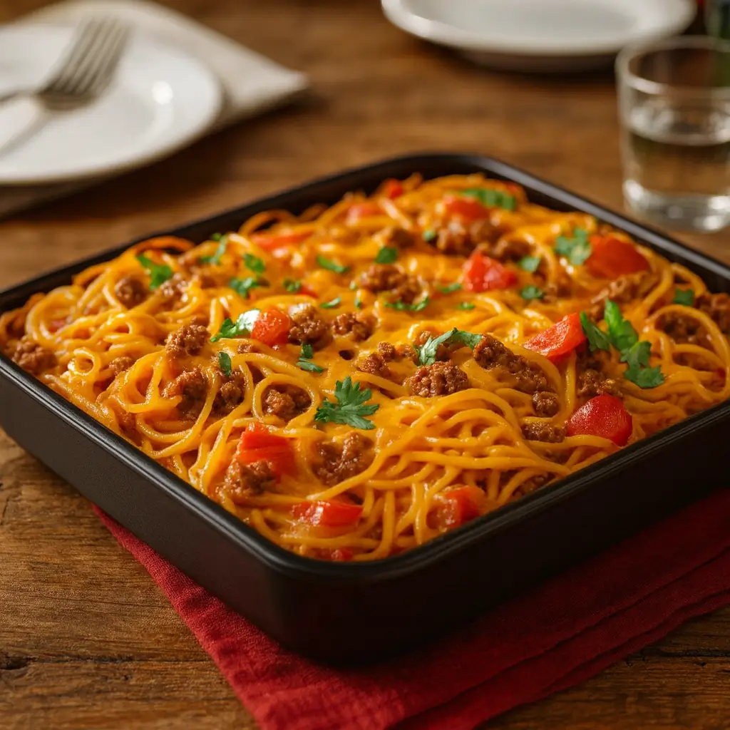 One-Pot Taco Spaghetti Bake Recipe | Easy + Cheesy Meal