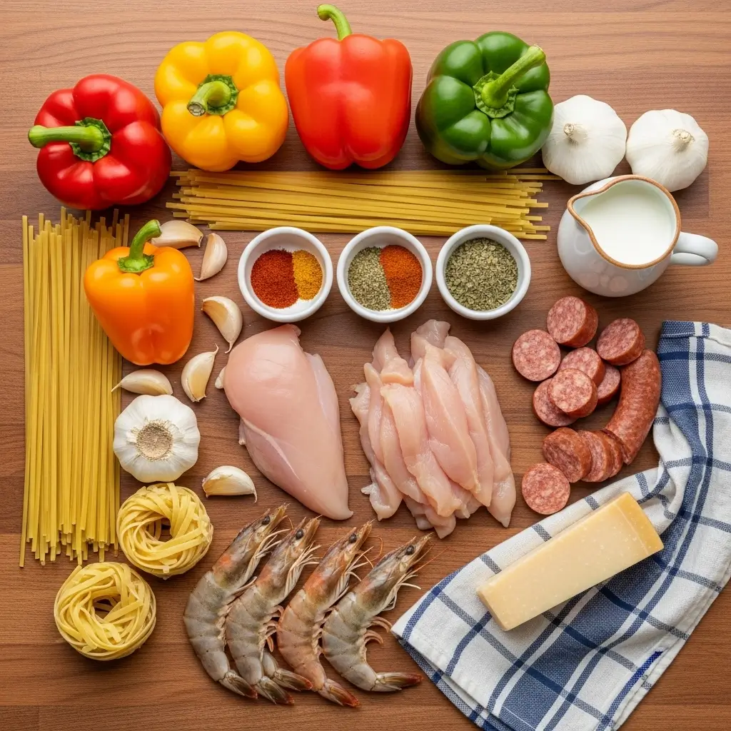 Ingredients for Pappadeaux Mardi Gras Pasta laid out