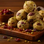 Pistachio Cranberry Protein Balls on a wooden board