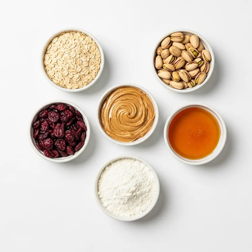 Ingredients for Pistachio Cranberry Protein Balls laid out in bowls