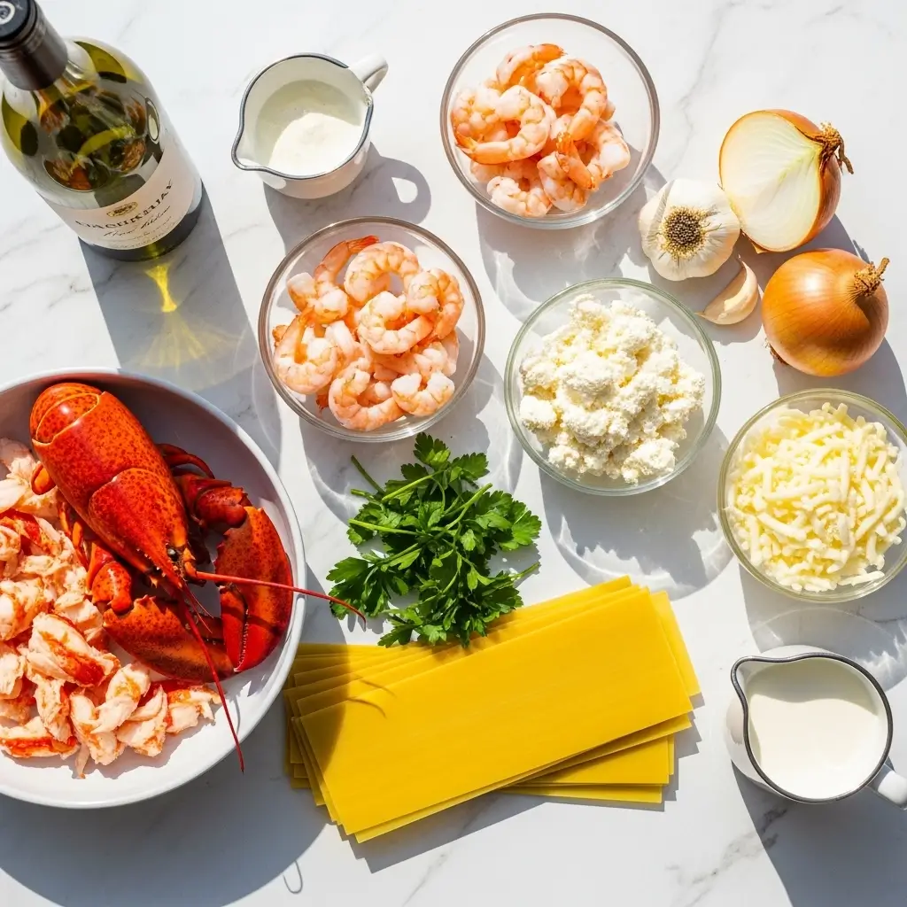 Ingredients for seafood lasagna with lobster and shrimp