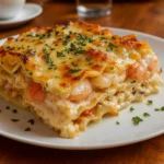 Seafood lasagna with lobster and shrimp served in a rustic casserole dish