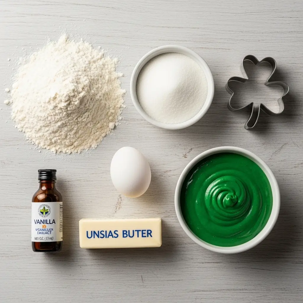 Ingredients for Shamrock Sugar Cookies on a wooden table