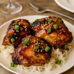 Slow Cooker Honey Garlic Chicken served over rice with garnishes