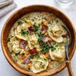 southern style pierogi soup in bowl with kielbasa and parsley